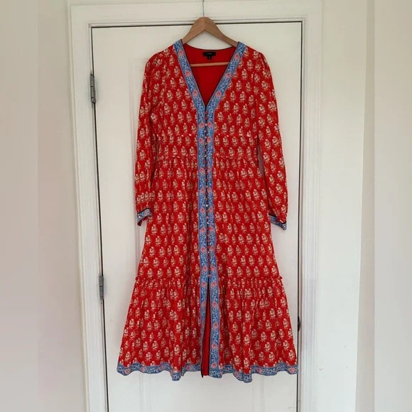 J. Crew Block Print Button Front Tiered MIDI Dress Size 10 - Picture 2 of 9